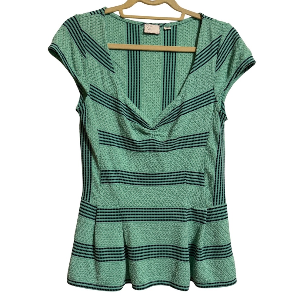 Anthropologie Postmark Mint Green Navy Striped Peplum Cap Sleeve Top Medium